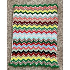 Vintage Crochet Zig Zag Afghan Lap 39x28 Blanket Throw Colorful Chevron Pattern